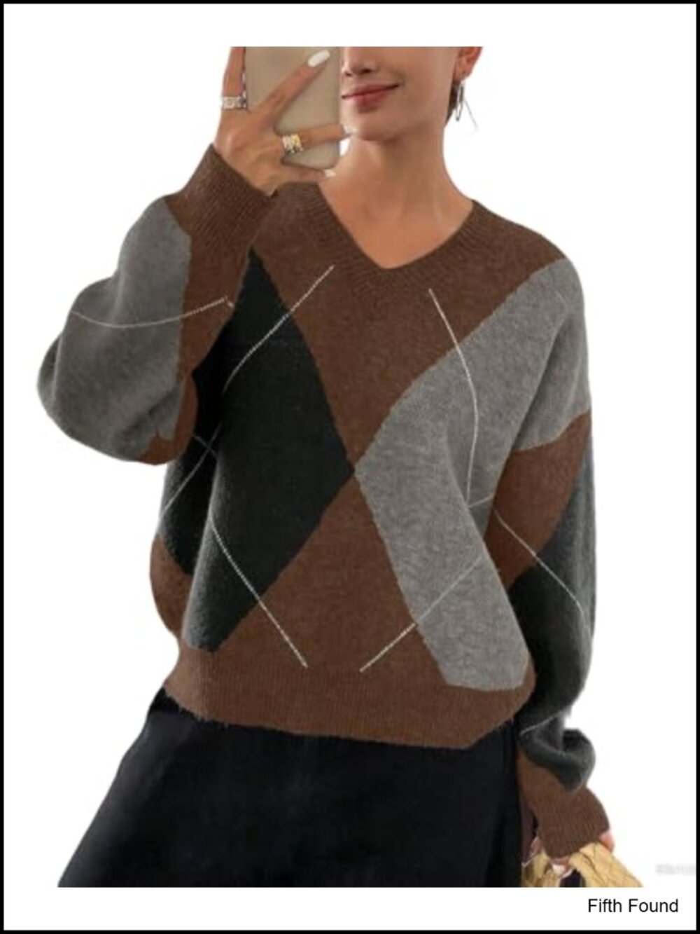 Women V-Neck Argyle Sweater Oversized Chunky Knit Pullover Top